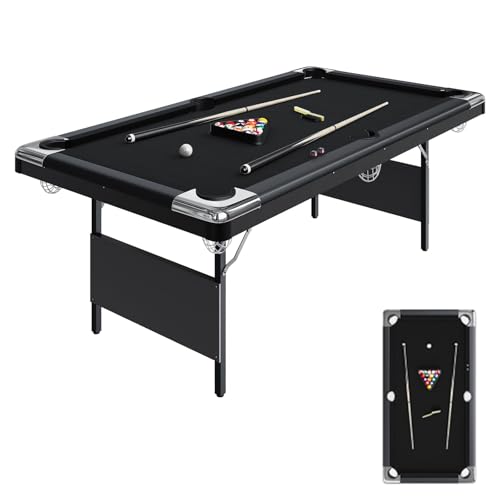 7FT Foldable Pool Table for Adults, Full Size Portable Billiards Table with Complete Accessories (Balls, 2 Cues, Chalk, Brush), Collapsible Felt Game Table for Game Room & Backyard - Black