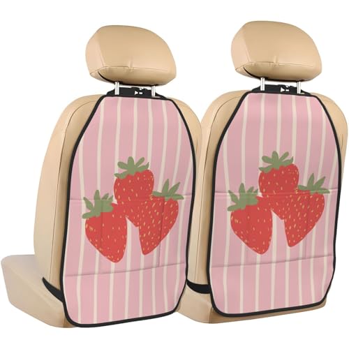 3 Red Strawberries On Striped Pink Car Seat Back Kick Protectors,2 Pack Kick Mats With Storage Pockets For Vehicles To Protect From Dirt Mud Scratches