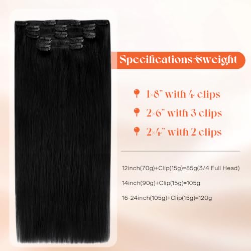 Image of Sunny Hair Clip in Hair Extensions Real Human Hair Jet Black 12 Inch 85g | Remy Human Hair Clip in Extensions for Women Light Volume Natural Look, Short-Length Enhancement for Subtle Everyday Wear