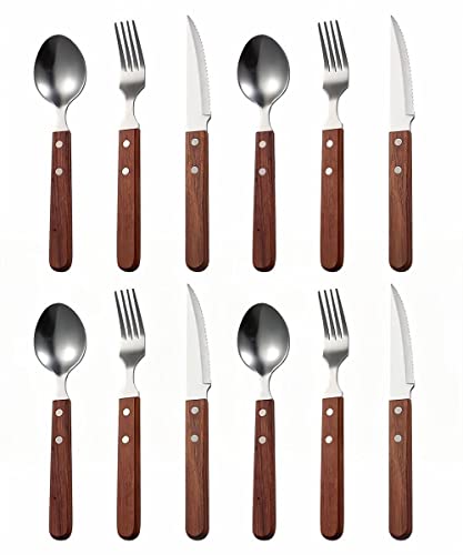 Creative Two Nail Square Wooden Handles 12 Pieces - Silverware Cutlery Set for 4 People, 304 Stainless Steel Steak Knives, Forks And Spoons Three Piece Cutlery - Dishwasher Safe (Wooden handle A)