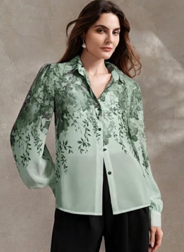 Image of Women Shirt || Women Top ||Autumn Leaves Print Polo Collar Shirt, Casual Long Sleeve (S-22-25)