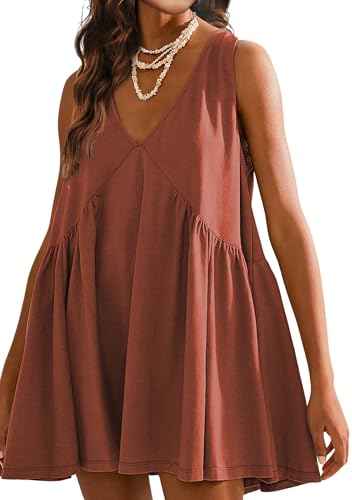 Image of Sleeveless Mini Dress for Women 2026 Summer Casual V Neck Sundress Loose Babydoll Dress with Pockets