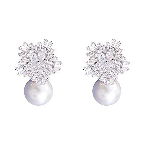 925 Sterling Silver Cubic Zirconia Stud Earrings for Women, Snowflake Pearl Rhinestone Earrings Luxury Bridal Flower Fashion Jewelry