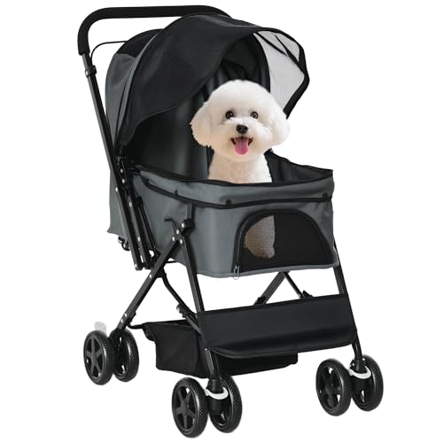 PawHut Carrito para Perros Plegable Cochecito para Perros Pequeños Cochecito para Mascotas con Mango Reversible Ventana de Malla Cesta y Cuerda de Seguridad Carga 10 kg 76,5x52x95 cm Gris