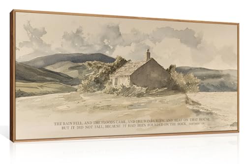 FWIEXA Nature Christian Bible Verse Framed Canvas Wall Art Set, Floods Mountain Houses Jesus Wall Decor, Vintage Easter Artwork, Inspirational Quotes Art Prints for Prayer, Bedroom - Size 20"x40"
