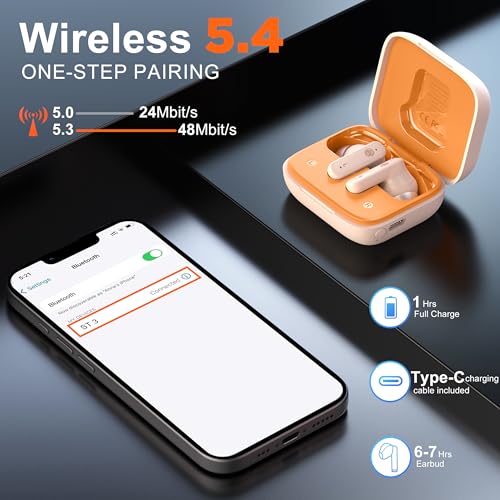 Image of THREE PEACHES Wireless Earbuds Bluetooth 5.4 Headphones, Touch Screen, Active Noise Cancelling, USB Charging Case for iPhone /Android