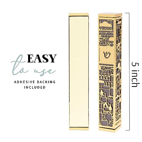 Suri Contemporary Mezuzah For Door - Gold And Gray 5" Mezuzah Case With Jerusalem Design - Includes Mezuzah Adhesive For Easy Installation - Jewish Gift Box & A Non-Kosher Scroll Are Included #TOP4