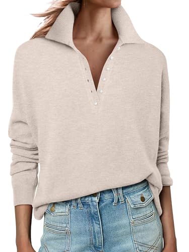 ANRABESS Womens Long Sleeve Polo Sweaters Knit Button Shirt Lightweight Dressy Casual Basic Pullover Tops 2025 Fall Fashion Almond Large