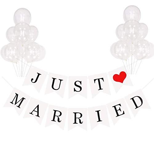 Meowoo Bannière de Mariage Just Married Les Décorations Mariage Décorations Fête Partie Douche Nuptiale de Fiançailles Nuptiale Intérieure Extérieure de Chambre à Coucher de Noce Livré avec 10 ballons Cover