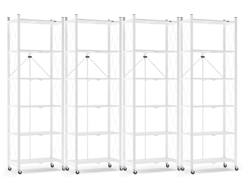 Image of ALANNG 73.6 Inch Folding Bookshelf, 6 Tier Metal Bookcase and Bookshelves | Tall Shelves for Living Room Office Bedroom, Heavy Duty Book Shelve Free Standing Open (White, 4PACK)