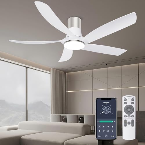 Ohniyou 58" Low Profile Ceiling Fan with Light - Remote Control Flush Mount Indoor Outdoor Ceiling Fan, Reversible DC Motor, Dimmable, Modern Ceiling Fan for Living Room Patio, White