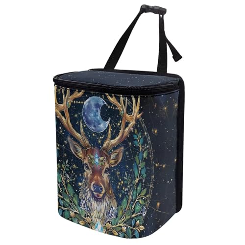Image of Talayituse Deer Moon Print Car Trash Can Portable Auto Garbage Bin Multifunctional Vehicle Interior Accessories with Adjustable Straps Universal Fit Truck SUV Sedan