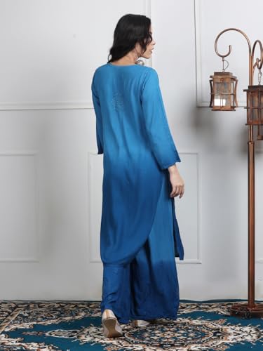 Image of Women's Lucknowi Chikankari Hand-Embroidered Rayon Dyed Kurta, Palazzo & Dupatta 3-Piece Set | Festive, Ethnic & Casual Suit