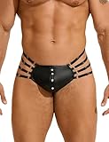sunshinelady Herren String Tanga PU-Leder mit Verstellbaren Elastikbändern Nieten Männer Unterwäsche Unterhose Thong G-String Herren Sexy Slips Reizwäsche Sissy Dessous Gay T-Back Punk Schwarz L