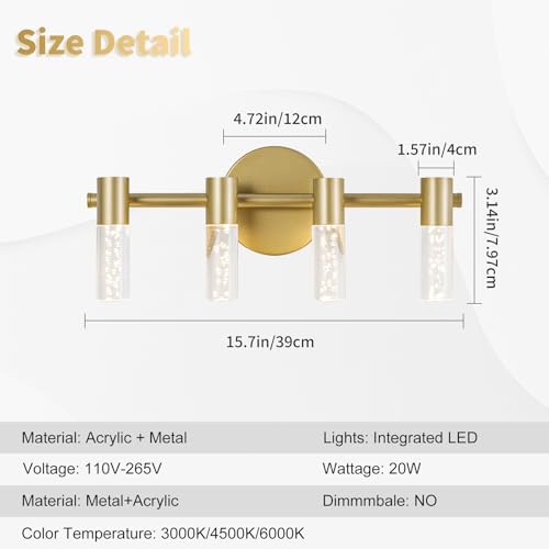 Image of 4 Light Bathroom Light Fixtures, Gold Modern Vanity Lights with Acrylic Shades, 3000-6000K Dimmable Bathroom Wall Lamp for Mirror Kitchen Living Room Hallway Cabinet Porch