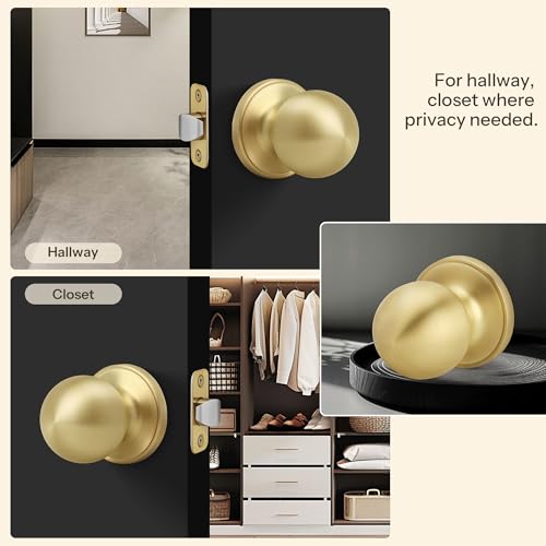 LOQRON Brushed Gold Ball Design Door Knob No Lock, Passage Round Shaped Non-Locking Doorknob for Hallway/Closet, Satin Brass Finish - Image 3