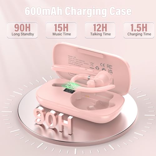 Image of 2026 Bluetooth Headset, Wireless Bluetooth 5.3 Earpiece, 90Hrs Single-Ear Headset with APTX HD Audio & Mute Button, Dual Noise Cancelling Mics, Hands Free Headphone for Trucker, Business, Gym, Pink