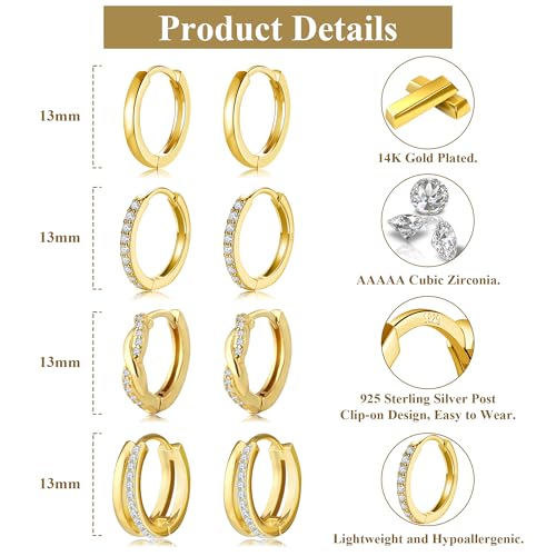 Bsoepnr 4 Pairs Gold Hoop Earrings Set, 14K Gold Plated Trendy Small Gold Huggie Earrings Stack Hypoallergenic, Dainty Cubic Zirconia Cartilage Hoops for Women2