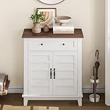 Garvee Aparador Buffet Estilo Farmhouse con Estante Ajustable de 3 Niveles, cajón grandeza y Puertas ranuradas - Mueble de Almacenamiento Compacto y Seguro para Cocina, Comedor, baño o Entrada -
