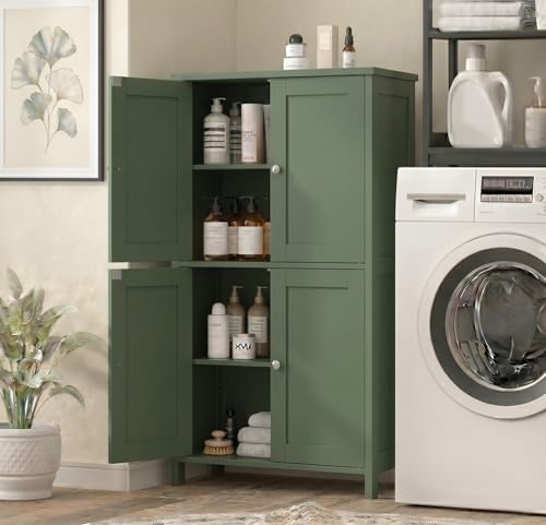 Image of Vongrasig 42.6 inch Bathroom Storage Cabinet, Modern Floor Cabinet with Doors and Adjustable Shelves, Freestanding Accent Organizer Cupboard for Living Room, Entryway, Kitchen, Green