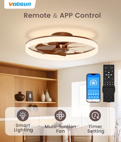 Image of VOLISUN Low Profile Ceiling Fans with Lights and Remote, 24in Fandelier Ceiling Fan Flush Mount, 3000K-6500K Smart Bladeless LED Fan Light, Farmhouse Ceiling Fans with Lights for Bedroom(Wood)