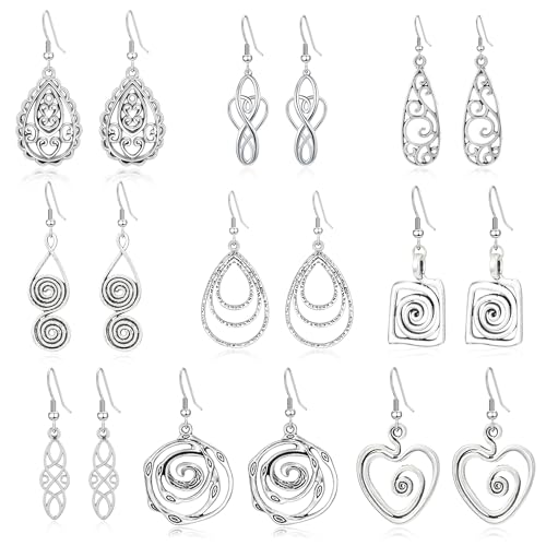 Sterling Silver Dangle Earrings for Women Trendy Boho Earrings for Women Lightweight Prom Bohemian Jewelry (9pairs-silver)