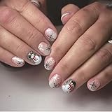 Christmas Press on Nails Snowflake Snowman Cute Nail Design Short Square Glue on Nails Glitter Winter Acrylic Nails Nude Pink False Nails Christmas Stick on Nails for Women Nail Decorations