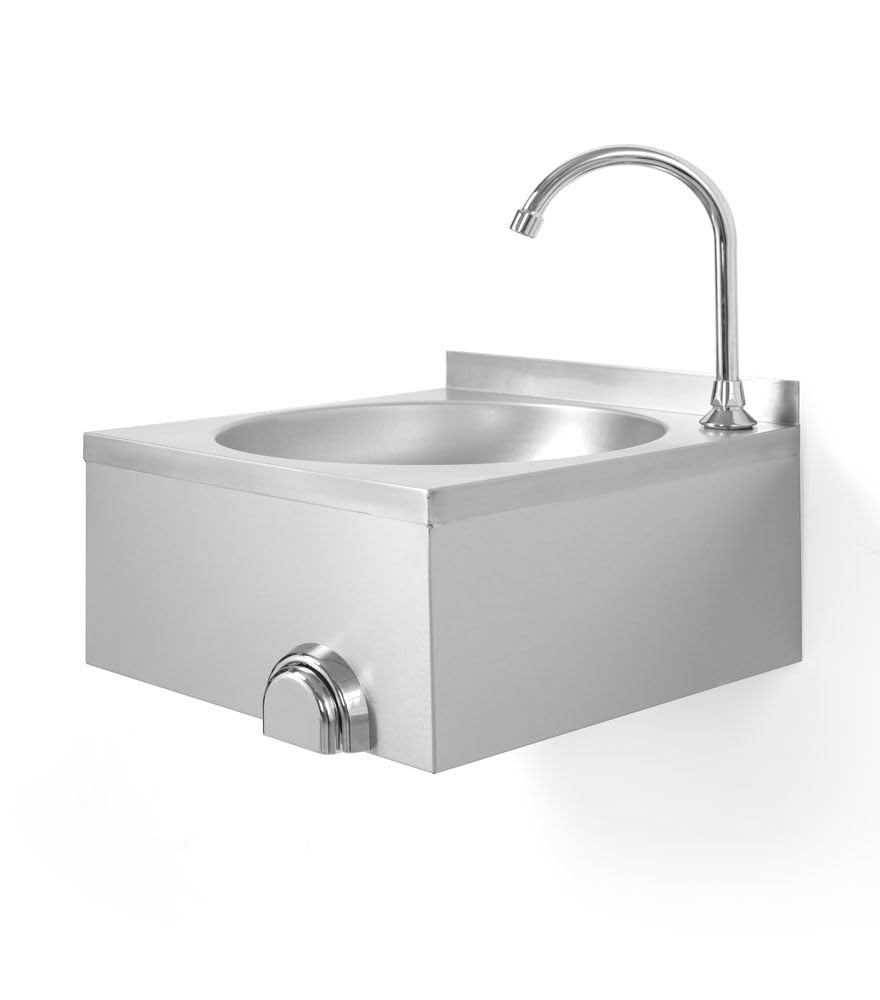 HENDI Waschbecken, mit Kniebedienung, inkl. Anschlussmaterial, Wandhalterung, Spülengröße: ø350x(H)123mm, Spülbecken, Handwaschbecken, Hängewaschbecken, 400x428x(H)406mm, Edelstahl