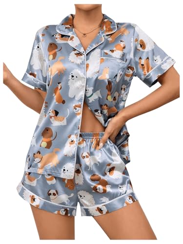 SOLY HUX Cute Satin Pajama Sets for Women, Preppy Summer Pajamas for Teen Girls, 2 Piece Silk Pjs Shorts Lounge Set