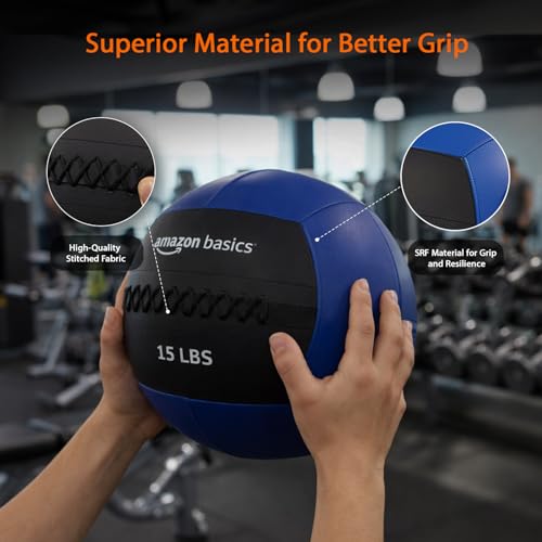 Image of Amazon Basics 15 lbs Exercise Wall Ball | Slam Ball | Durable Stitched Composite | Premium SRF Material | Enhanced Grip | Balanced Feel | Strength & Core Workouts | Home & Gym Use | 13'' Dia| Blue & Black