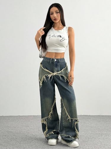 Urchics Womens Casual Pants Fashionable Distressed Wide Leg Jeans with Star Applique3