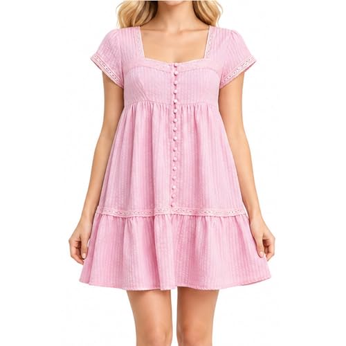 Nlacehan Womens Summer Button Down Babydoll Mini Dress A Line Square Neck Ruffle Short Sleeve Sundress for Casual Daily Wear (Pink S)