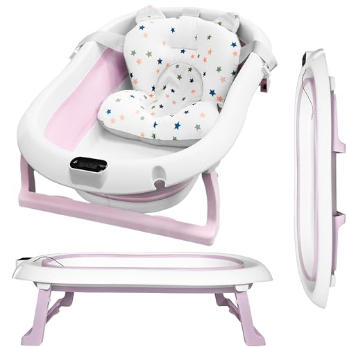 ALMAR Baby Bañera Plegable Bebé hasta 24 meses Rosa Palo con Termómetro Asiento Reductor para Recien Nacido con Patas Antideslizante Indicador de Temperatura Compacta