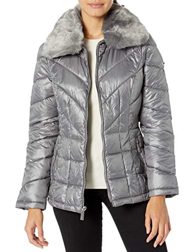 Kenneth Cole New York Women's Zip Front Puffer with Faux Fur Collar, Nickel, Large