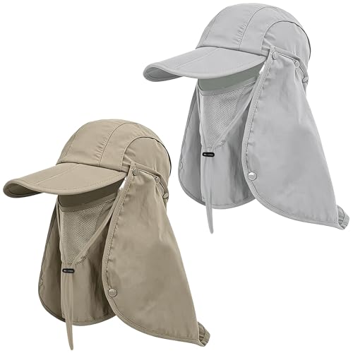 2Pack Men s Foldable Sun Hat with Removable Face Mask & Neck Flap UPF 50+ UV Protection Quick-Drying Outdoor Fishing Cap (US Alpha One Size Light Grey+Khaki)