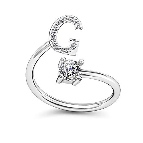 Image of HUJUON Silver Initial Letter Ring for Women. Adjustable Crystal Alphabet Ring,Name Initials Stackable Knuckle Rings A-Z CZ Open Ring