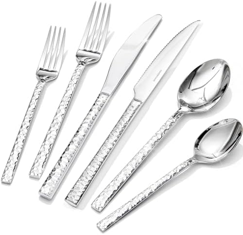 KINGSTONE 48 Piece Silverware Set with Steak Knives, Hammered Sil...