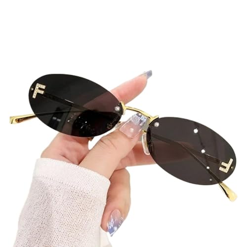 Diamond Accented Oval Sunglasses, UV400 Unisex Rimless Sunglasses for Women/Men, Lightweight Fashion Eyewear