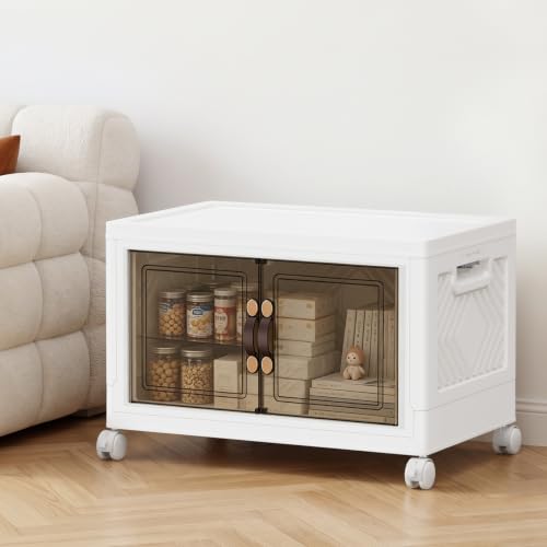 1Tier 53QT Stackable Storage Bins With Lids Portable Wheels Cabinet, White