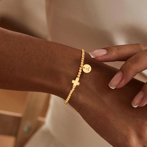 M MOOHAM Initial Bracelets for Women - Cross Bracelet for Womens Letter A-Z Cross Bracelet Gold Beaded Bracelets Dainty Small Jewelry, Religious Christian Gifts for Women2