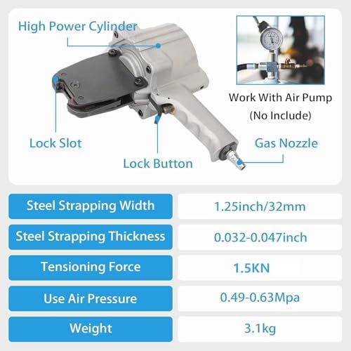 High Tensile Pneumatic Steel Strapping Machine - Portable Heavy Duty Packaging Tensioner & Cutter Sealer for 1.25" (32mm) Straps - Ideal for Baling and Securing Packages