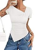 ZESICA Asymmetrical Short Sleeve Shirts for Women 2026 Summer Going Out Tops Ruched Outfits Fashion Y2K Clothes White L