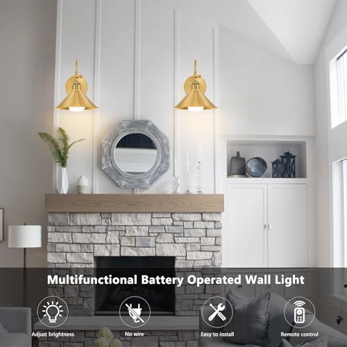 Image of Wireless Battery Operated Wall Sconce, Gold Industrial Wall Lights Decor Set of 2, Vintage Rechargeable Magnetic Cordless Wall Lamp Fixture with Remote for Farmhouse Bedroom Living Room
