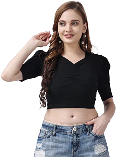 Image of POPWINGS Solid Ribbed Slim Fit Crop Tops for Women | Polycotton Stylish Western 3 /4 Puff Sleeves Casual and Summer Crop Tops for Women