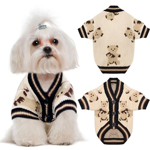 UETZLTB Cute Dog Sweater Soft Warm Fall Winter V-Neck Knitted Puppy Clothes Funny Bear Printed Doggy Sweatshirts with Sleeves Beige Pet Clothing Dog Cardigan Sweater for Small Dogs Cats(Beige,XS)