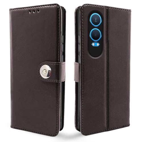 Image of Pikkme Flip Cover Leather Finish | Inside TPU with Card Pockets | Wallet Stand and Shock Proof | Complete Protection Button Flip Case for OnePlus Nord CE 4 Lite 5G (Coffee)