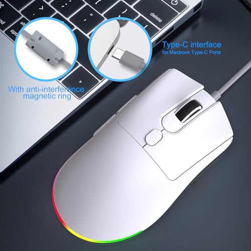 Image of HXMJ Wired USB C Gaming Mice,7200DPI,Ergonomic Mouse with RGB Backlit for Apple MacBook,Computer or Laptops with Type C Port-White