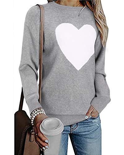 Ii Inin Women's Cute Crew Neck Pullover Sweater Long Sleeve Blouse Heart Knitted Tops(Gray,M) #TOP14