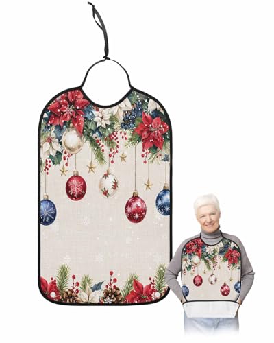 Christmas Ball Adult Bib for Adults Men, Women, Snowflake Red Blue Poinsettia Berry Xmas Washable & Adjustable Terry Cloth Bib with Crumb Catcher Reusable Waterproof Clothing Clothes Protector Apron