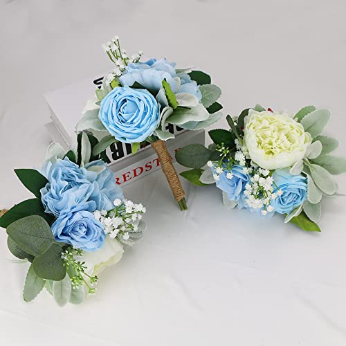 Semononia Wedding Flowers Bouquet - Set Of 6 Bridesmaid Bouquet Peony Artificial Flowers Arrangements For Wedding Ceremony Anniversary Bridal Shower Baby Shower Dinning Table Centerpieces - Blue #TOP5